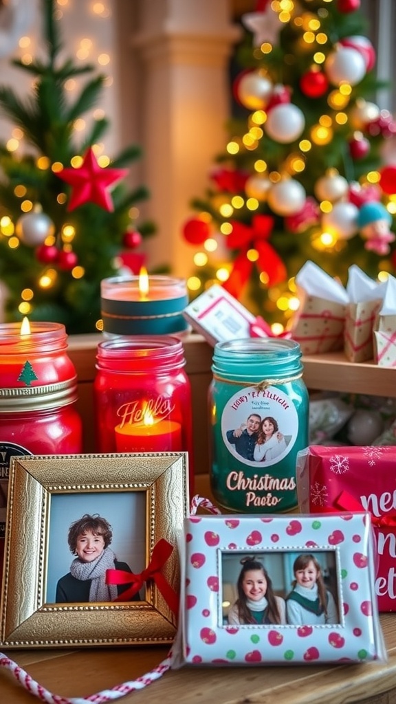 Easy DIY Handmade Christmas Gift Ideas A collection of handmade Christmas gifts including candles, photo frames, and treats in a festive setting.